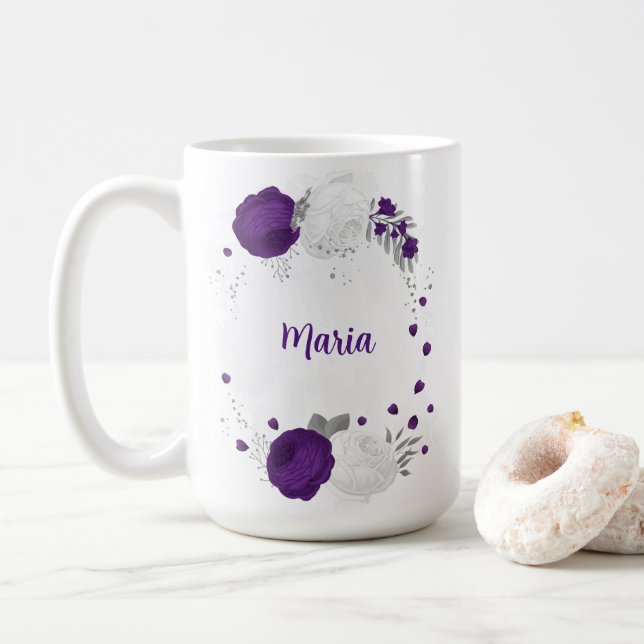 lila vita blommor silver botanisk bröllop kaffemugg (Med munk)