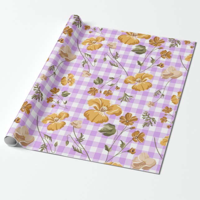 Lila Vita Buffelokar och Gula Blommor Presentpapper (Utrullad)