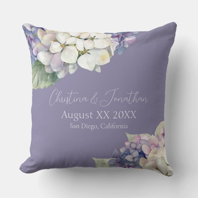 Lila & Vita Hydrangea Blommor på Lavendel Kudde (Framsida)