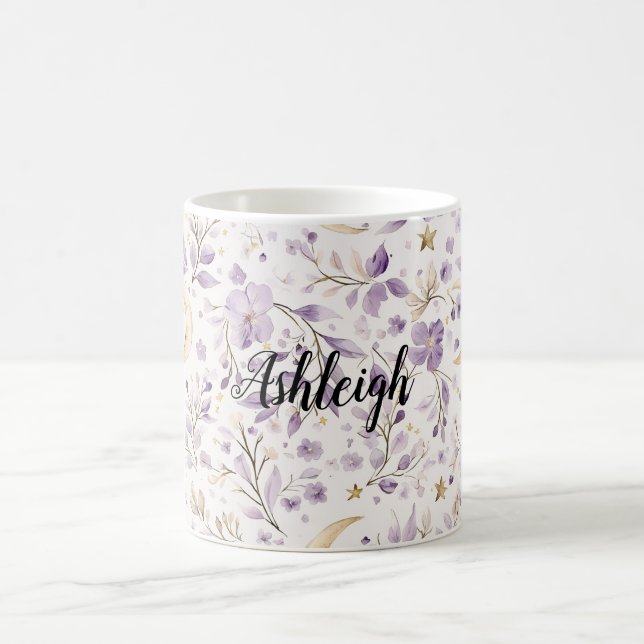 Lila Vita månar och stjärnor Blommig Kaffemugg (Center)