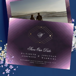 lila, vitt klassiskt deco guld monogram-foto spara datumet