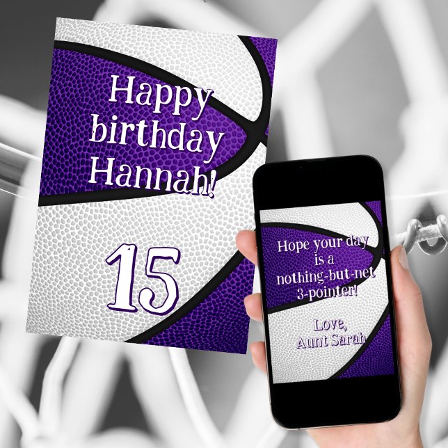 Lila, vitt team färg Flickor basketbollfödelsedag Kort (front of card (printed), back of card (downloaded))