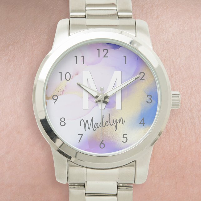 Lila Watercolor Abstrakt Girly Luxury Monogram Armbandsur (Skapare uppladdad)