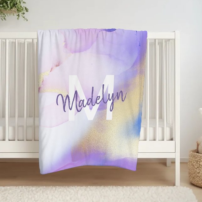 Lila Watercolor Abstrakt Girly Luxury Monogram Fleecefilt (Skapare uppladdad)