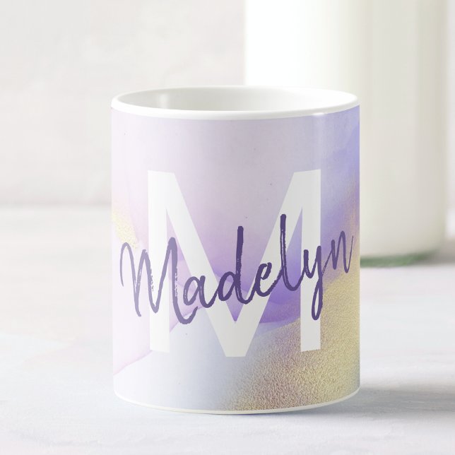Lila Watercolor Abstrakt Girly Luxury Monogram Kaffemugg (Skapare uppladdad)