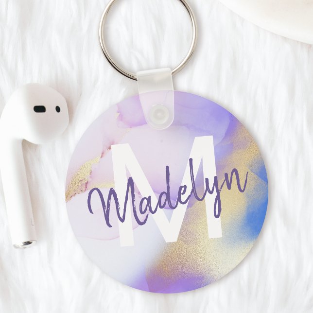 Lila Watercolor Abstrakt Girly Luxury Monogram Nyckelring (Skapare uppladdad)