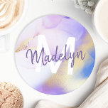 Lila Watercolor Abstrakt Girly Luxury Monogram Underlägg Papper Rund<br><div class="desc">Anpassa enkelt den här glamorösa stil-abstrakt-lilac-vattenfärgen och guld-sprejbakgrunden med anpassningsbarna.</div>