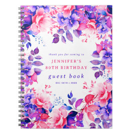 Lila Watercolor Blommigt 80 Birthday Guest Bok Anteckningsbok