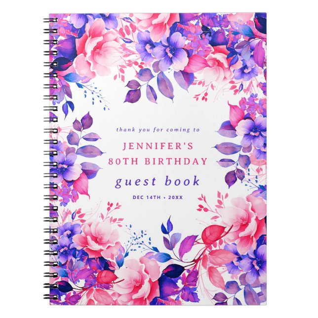 Lila Watercolor Blommigt 80 Birthday Guest Bok Anteckningsbok (Framsidan)