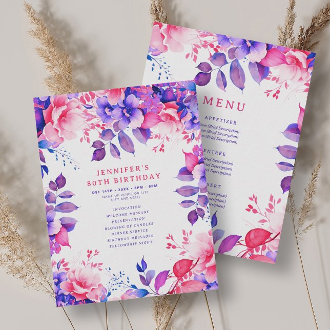 Lila Watercolor Blommigt 80 Birthday Program Menu (Purple Watercolor Floral 80 Birthday Program Menu)