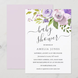 Lila Watercolor Blommigt Baby Shower Inbjudningar
