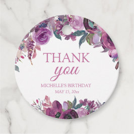 Lila Watercolor Blommigt Birthday Tack Gåvor Etiketter