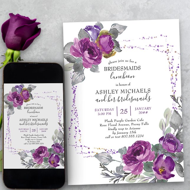 Lila Watercolor Blommigt Bridesmaids Luncheon Inbjudningar (Purple floral bridesmaids luncheon invitation from my Plush Purple Wedding Collection)