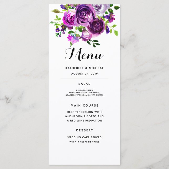 Lila Watercolor Blommigt Bröllop Menu Meny (Framsida)