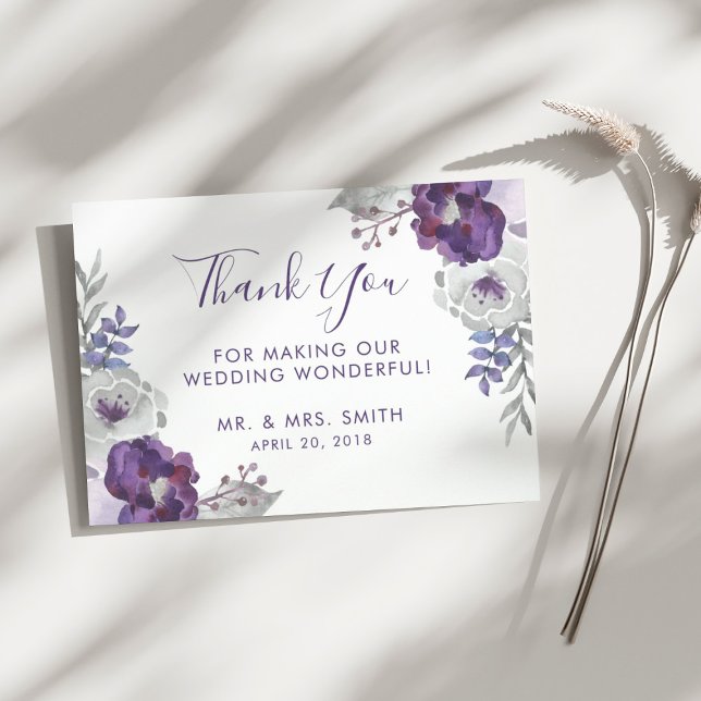 Lila Watercolor Blommigt Bröllop Tack (Purple Watercolor Floral Wedding Thank You)