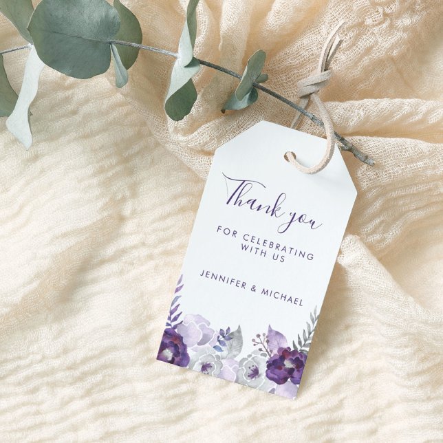 Lila Watercolor Blommigt Bröllop Tack Presentetikett (Purple Watercolor Floral Wedding Thank You Gift Tags)