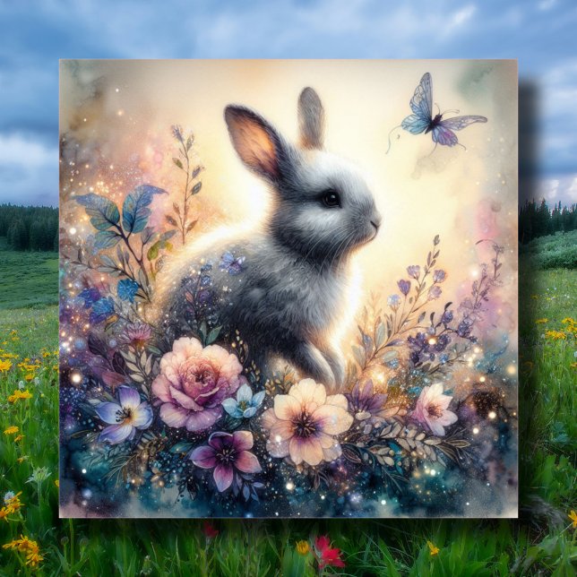 Lila Watercolor Blommigt Bunny Christian Påsk Julkort (Skapare uppladdad)