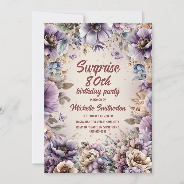 Lila Watercolor Blommigt Butterflies Surprise 80:e Inbjudningar (Framsida)