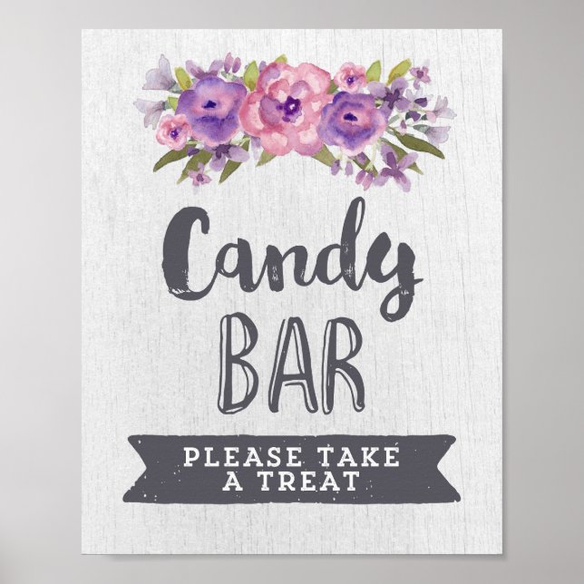 Lila Watercolor Blommigt Candy Pub Bröllop-tecken Poster (Framsidan)