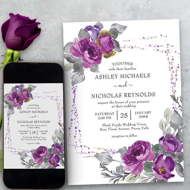Lila Watercolor Blommigt Confetti Ram Bröllop Inbjudningar (Elegant purple floral wedding invitation from my Plush Purple Wedding Collection)