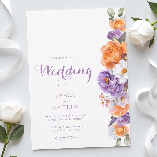 Lila Watercolor Blommigt Elegant Flowers Bröllop Inbjudningar (Purple Watercolor Floral Elegant Flowers Wedding Invitation)