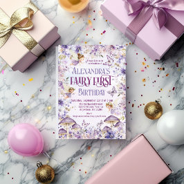 Lila Watercolor Blommigt Fairy First Birday Inbjudningar