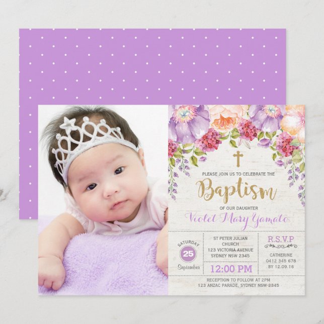 Lila Watercolor Blommigt Girl Baptism Christening Inbjudningar (Fram/baksida)