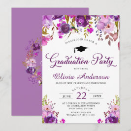 Lila Watercolor Blommigt Modern Studentfest Inbjudningar