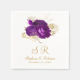 Lila Watercolor Blommigt Monogram Bröllop Papper Pappersservett