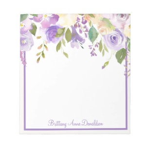 Lila Watercolor Blommigt Namn anpassa Anteckningsblock
