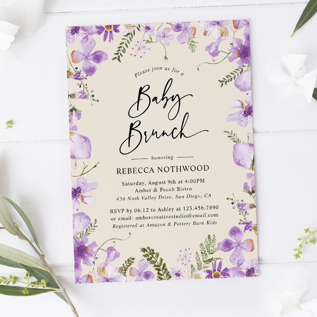 Lila Watercolor Blommigt Neutralt Baby Brunch Inbjudningar (Skapare uppladdad)