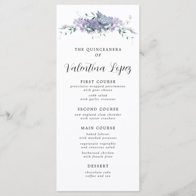 Lila Watercolor Blommigt Quinceanera Menu Meny (Framsida)