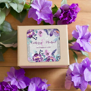 Lila Watercolor Blommigt & Silver Glitter Bröllop Fyrkantigt Klistermärke