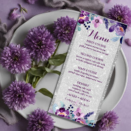 Lila Watercolor Blommigt & Silver Glitter Bröllop Meny