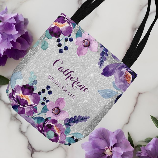 Lila Watercolor Blommigt & Silver Glitter Bröllop Tygkasse (Skapare uppladdad)
