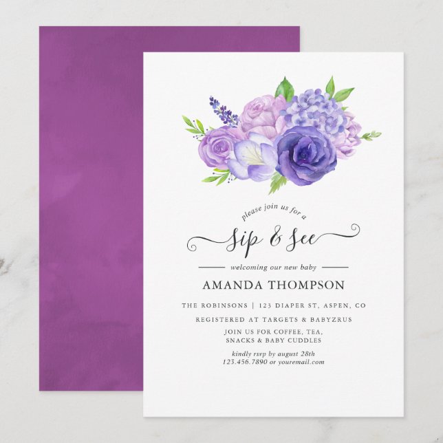 Lila Watercolor Blommigt Sip and See Inbjudningar (Fram/baksida)