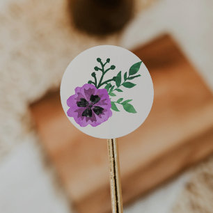 Lila Watercolor Blommigt Stickers Runt Klistermärke