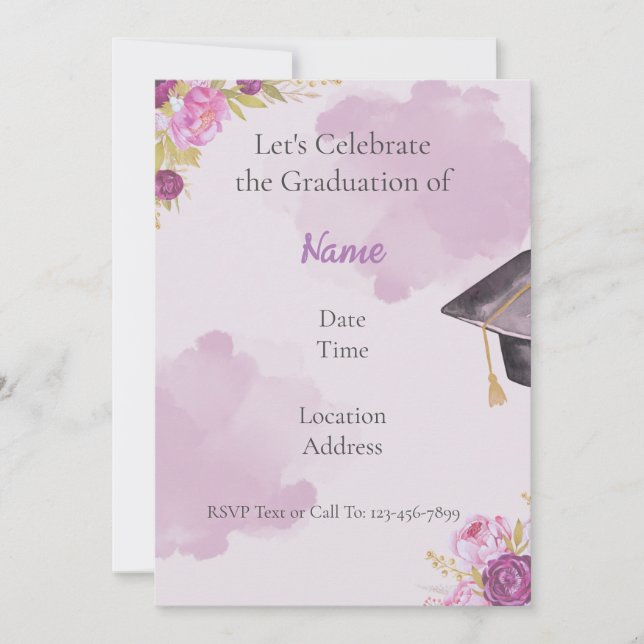 Lila Watercolor Blommigt Studenten Inbjudan (Framsida)
