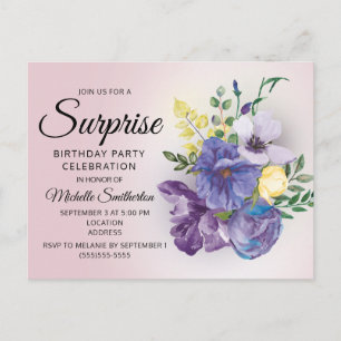 Lila Watercolor Blommigt Surprise Rosa Birthday Vykort
