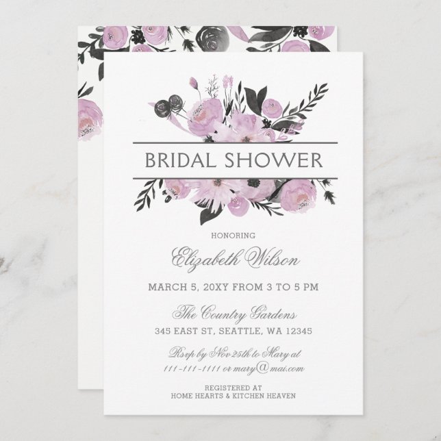 Lila Watercolor Blommigt Vår Möhippa Inbjudningar (Fram/baksida)