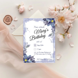 Lila Watercolor Blommigts Birthday Inbjudningar