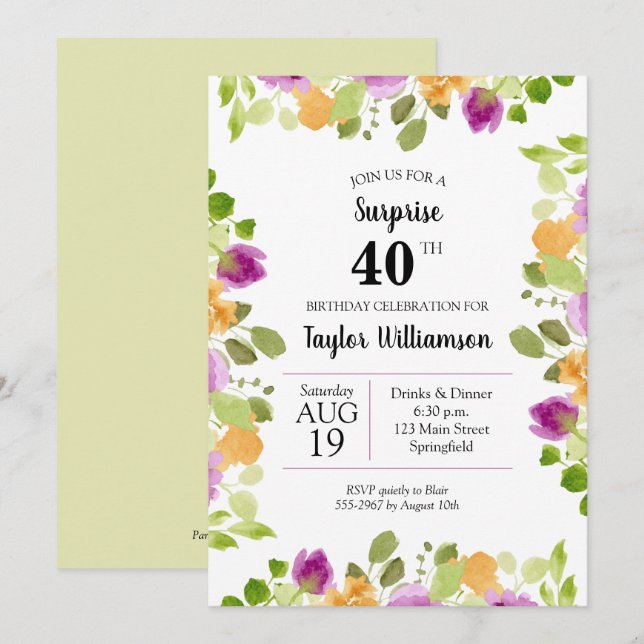 Lila Watercolor Blooms Birthday-inbjudningar (Fram/baksida)