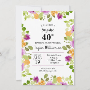 Lila Watercolor Blooms Birthday-inbjudningar