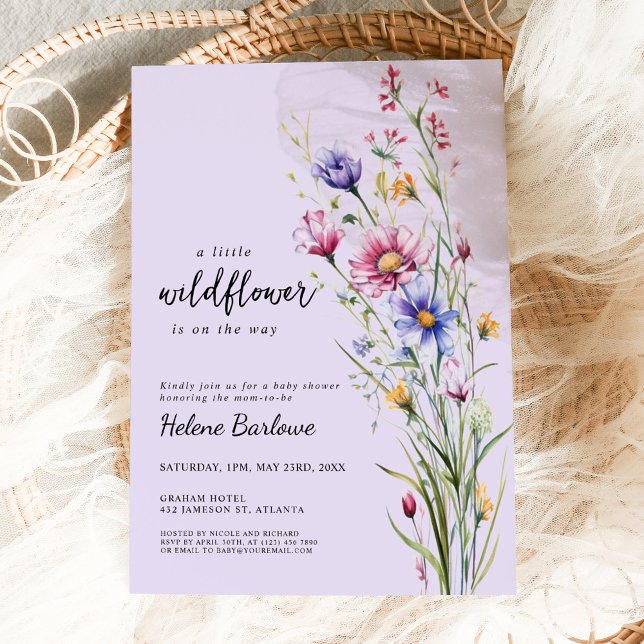 Lila Watercolor Boho WildblomBaby Shower Inbjudningar (Purple Watercolor Boho Wildflower Baby Shower Invitation)