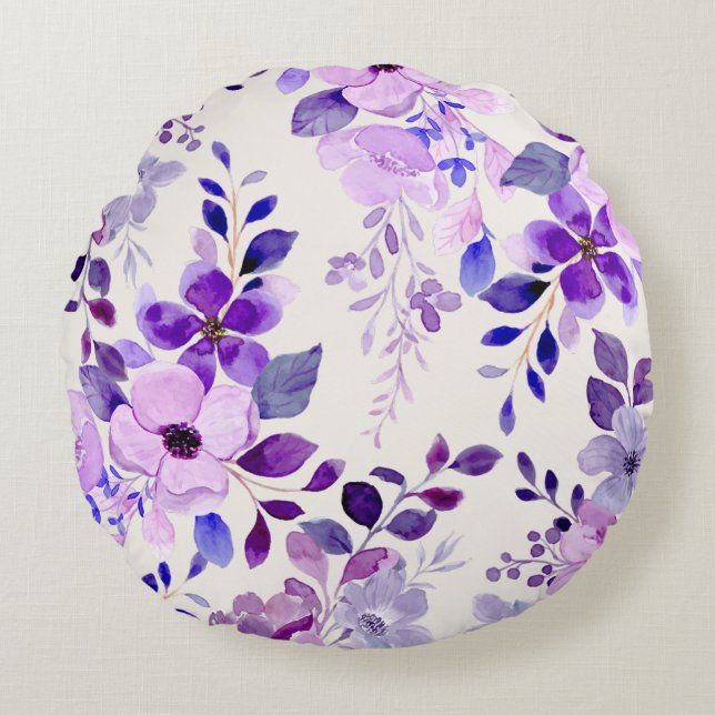 Lila Watercolor Botanical Round Pillow Rund Kudde (Framsidan)