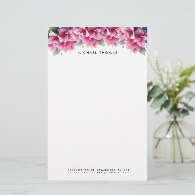 Lila Watercolor Bougainvillea Personlig Brevpapper (Stående Fram)
