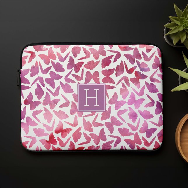 Lila Watercolor Butterflies Mönster Laptop Fodral (Skapare uppladdad)