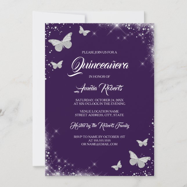 Lila Watercolor Butterfly Dress Quinceanera Inbjudningar (Framsida)