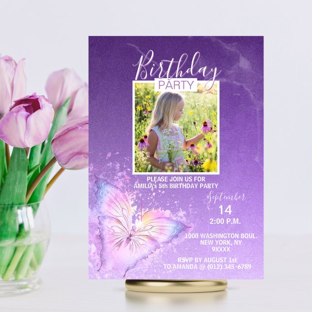 Lila Watercolor Butterfly Girl Birthday | FOTO Inbjudningar (Purple Watercolor Butterfly Girl Birthday  PHOTO Invitation | Lavender, Violet Colors)