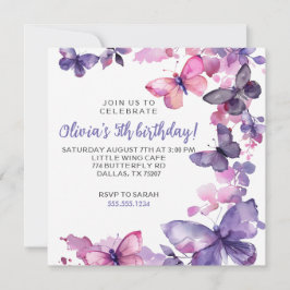 Lila Watercolor Butterfly Girl's Birthday Inbjudningar